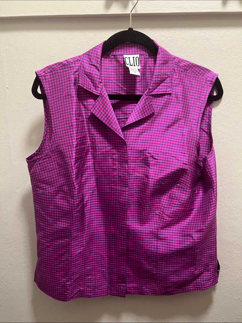 Vintage Clio 100% Silk Gingham Print Sleeveless Button Down, 14